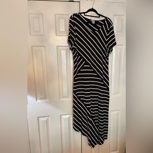 Chico’s Black, Tan & White Striped Maxi Dress with Asymmetrical Hem